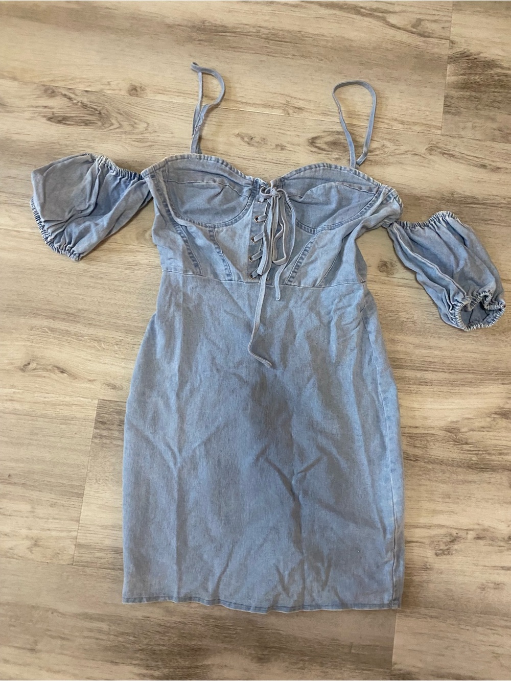 Fashion Nova Light Blue Denim Off-Shoulder Lace-Up Dress- NWT